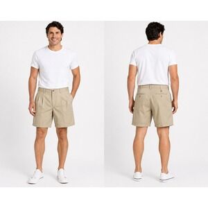 Baxter Khaki Shorts Mens 34 Pleated Casual Classic Fit Cotton Beige Golf Shorts